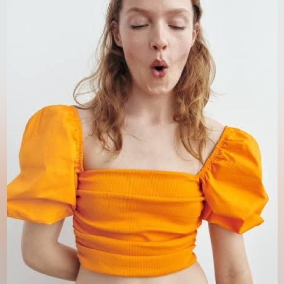 NEW ZARA PUFF SLEEVE RUCHED CROP TOP - Picture 2 of 4